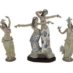 3 Lladro Porcelains 2 Girls Dancing on Pedestals and Bali Dancers Grouping 
