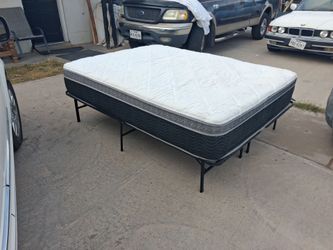 2pc Queen size metal bed frame &12 inch pillow top Queen size mattress.