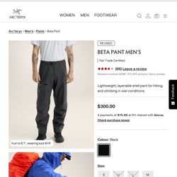 Arc’teryx Beta Pant – Black  Size S