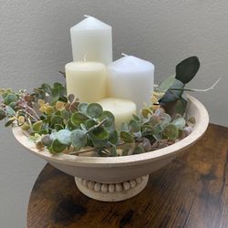 Rustic Wooden Bowl Candle Centerpiece – Farmhouse Style