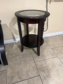Round Wood End Table with Glass Top