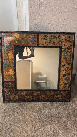 Handcrafted Mexican Folk Art Wooden Wall Mirror – Hand Painted