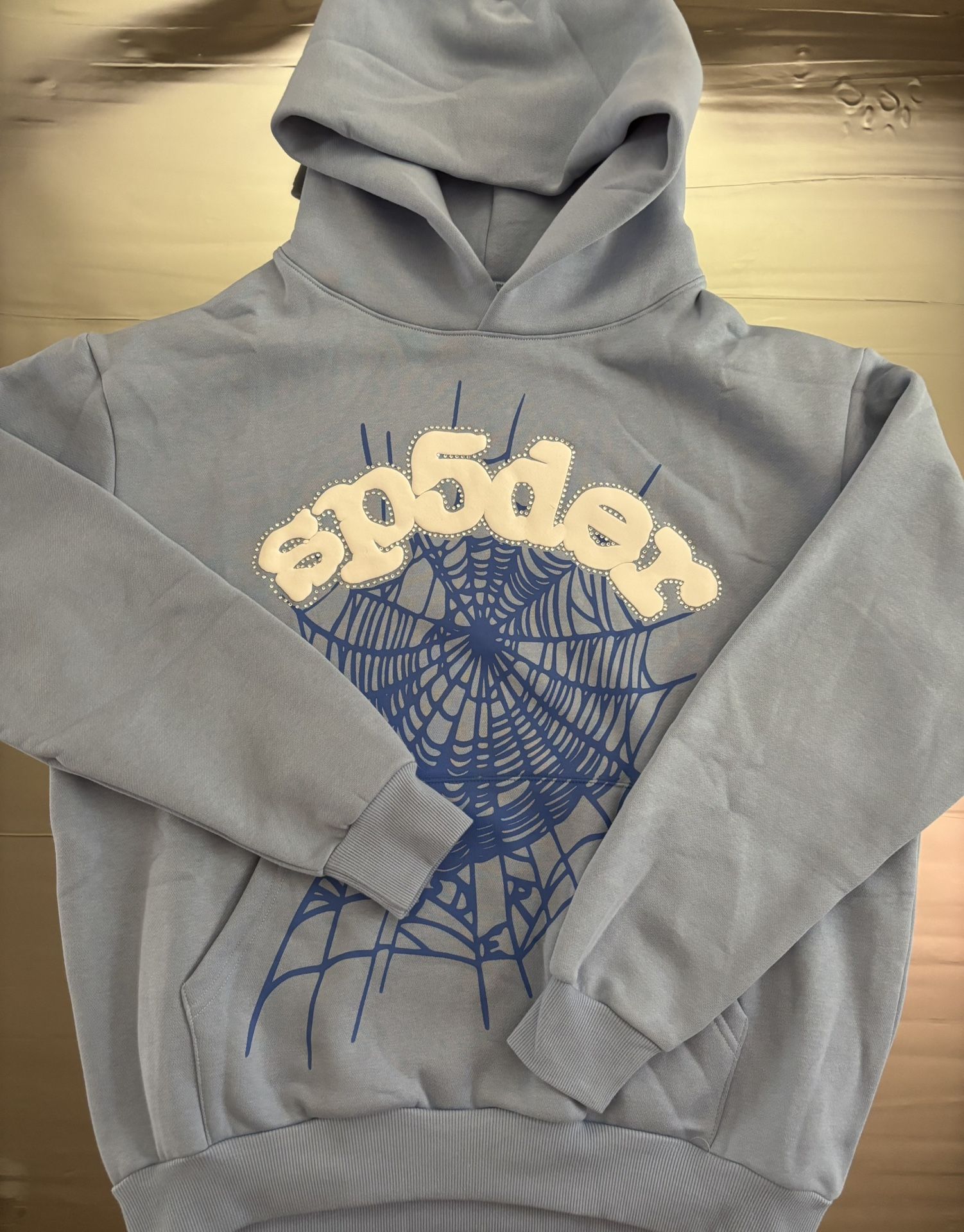 Baby Blue Sp5der Hoodie With Rhinestones Men’s Wear Size Medium 1:1