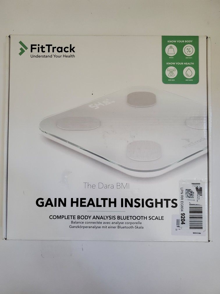 FitTrack Dara Smart BMI Digital Scale - Measure Weight and Body Fat - Most Accurate Bluetooth Glass Bathroom Scale (White)