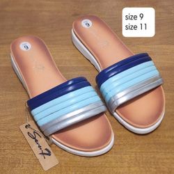 NEW - Slides / Sandals, Navy Blue, Baby Blue, Silver -  Size 9 and Size 11