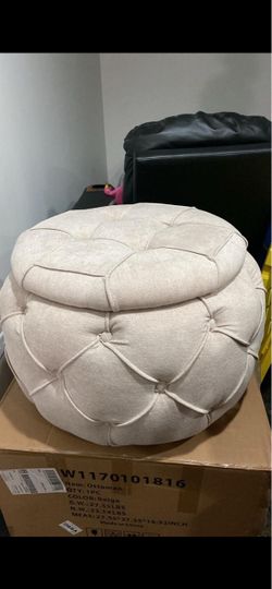 Ottoman Velour Beige Cream Soft Storage Round