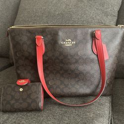 RED INTERIOR COACH BAG/ WALLET