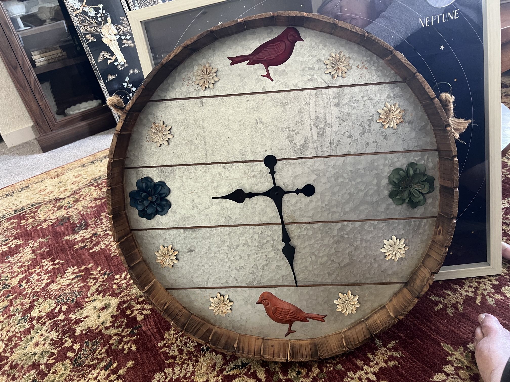 23” Diameter Indoor/Outdoor Farmhouse Cottage Wall Clock Red Birds and Flowers