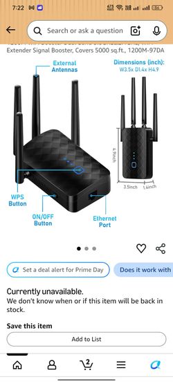 Wireless WiFi Range Extender & Signal Booster – 1200Mbps Dual Band Repeater with 4 External Antennas, Ethernet Port & WPS Setup, Covers Up to 5000 Sq.
