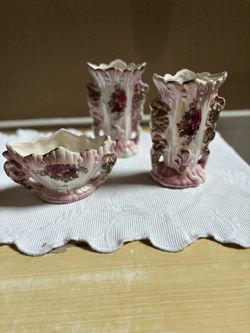 Three Piece Ceramic Bases And Candy Dish Looks Like Lusterware