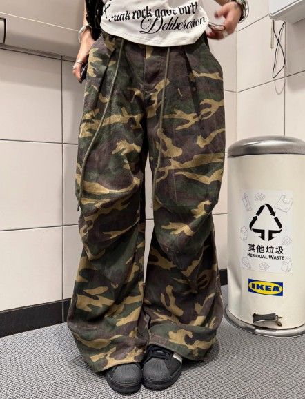F383 American-style retro camouflage paratrooper work pants for men and women, loose and wide-leg, suitable for hip-hop and street dance casual wear,