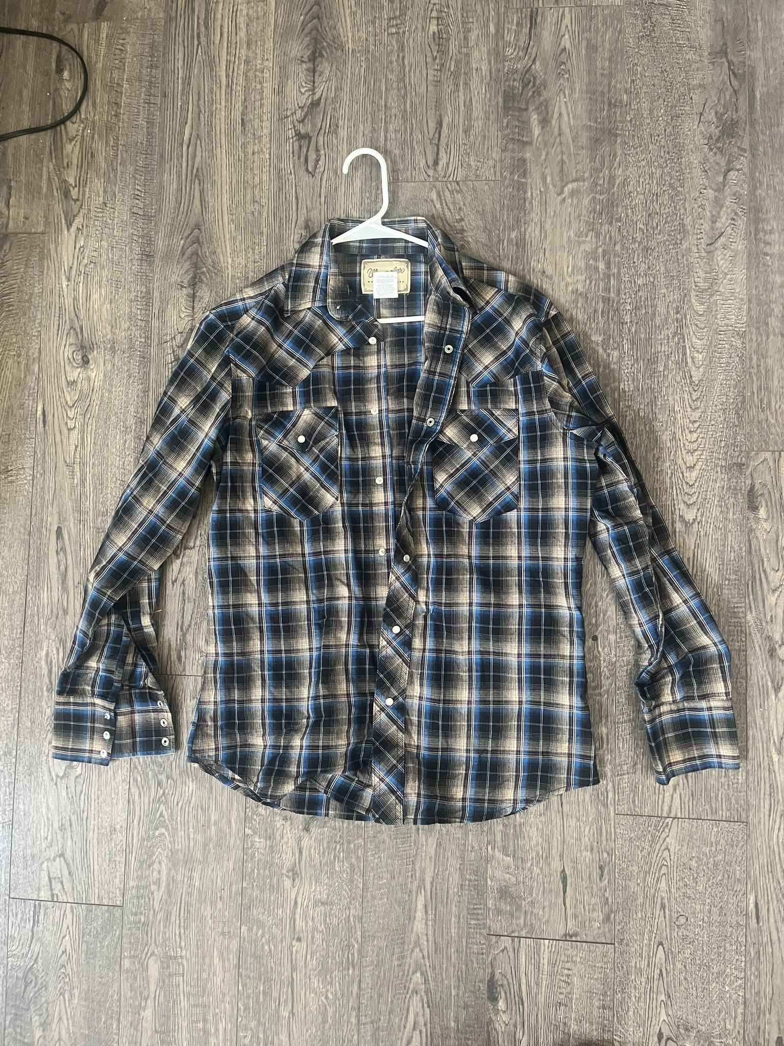 Wrangler Western Shirt Men's medium Pearl Snap Blue Cream Plaid Rodeo Cowboy LS