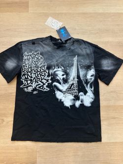 Hellstar Black & white graphic tee with Eiffel Tower and stylized faces design #graphic