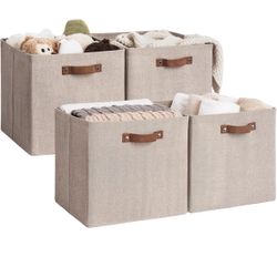 StorageWorks 13x13 Storage Cubes, Collapsible Storage Bins Organizer for Closet, Fabric Storage Box with PU Handles, Brown and Beige, 1-Pack