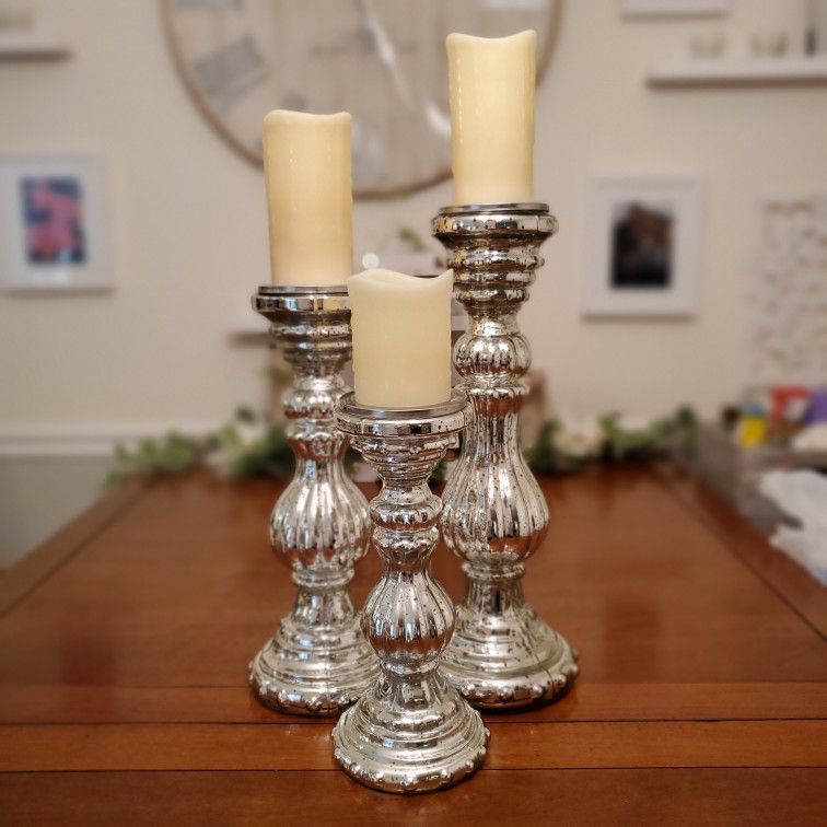 Farmhouse Mercury Glass Pillars & Real Wax LED Candle Set