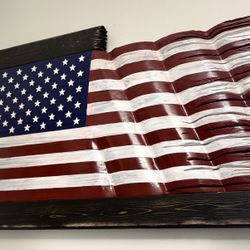 Framed Waving Wood American Flag