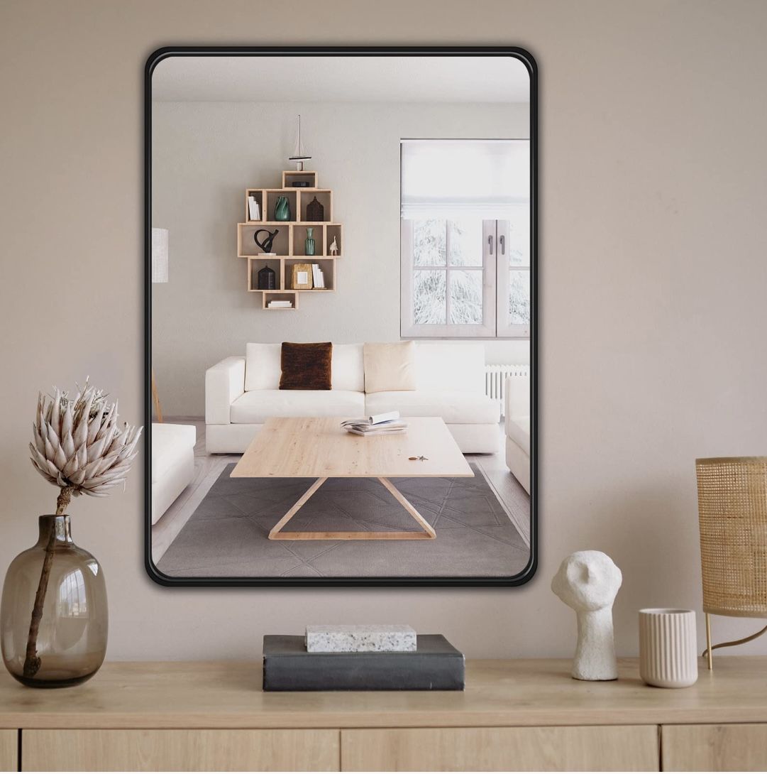 Mirror for Wall, 22" x 30" Black Metal Framed Rounded Rectangle Mirror, Matte Black Vanity Mirror Farmhouse, Anti-Rust, HD Float Glass