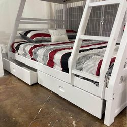 🌹Ashton White 2-Drawer Wood Twin Over Full Bunk Bed👉$10 Down Payment Financing and Delivery available