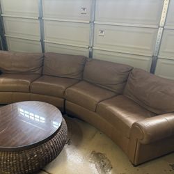 Light Brown Leather Sectional Couch And Beautiful Center Table 
