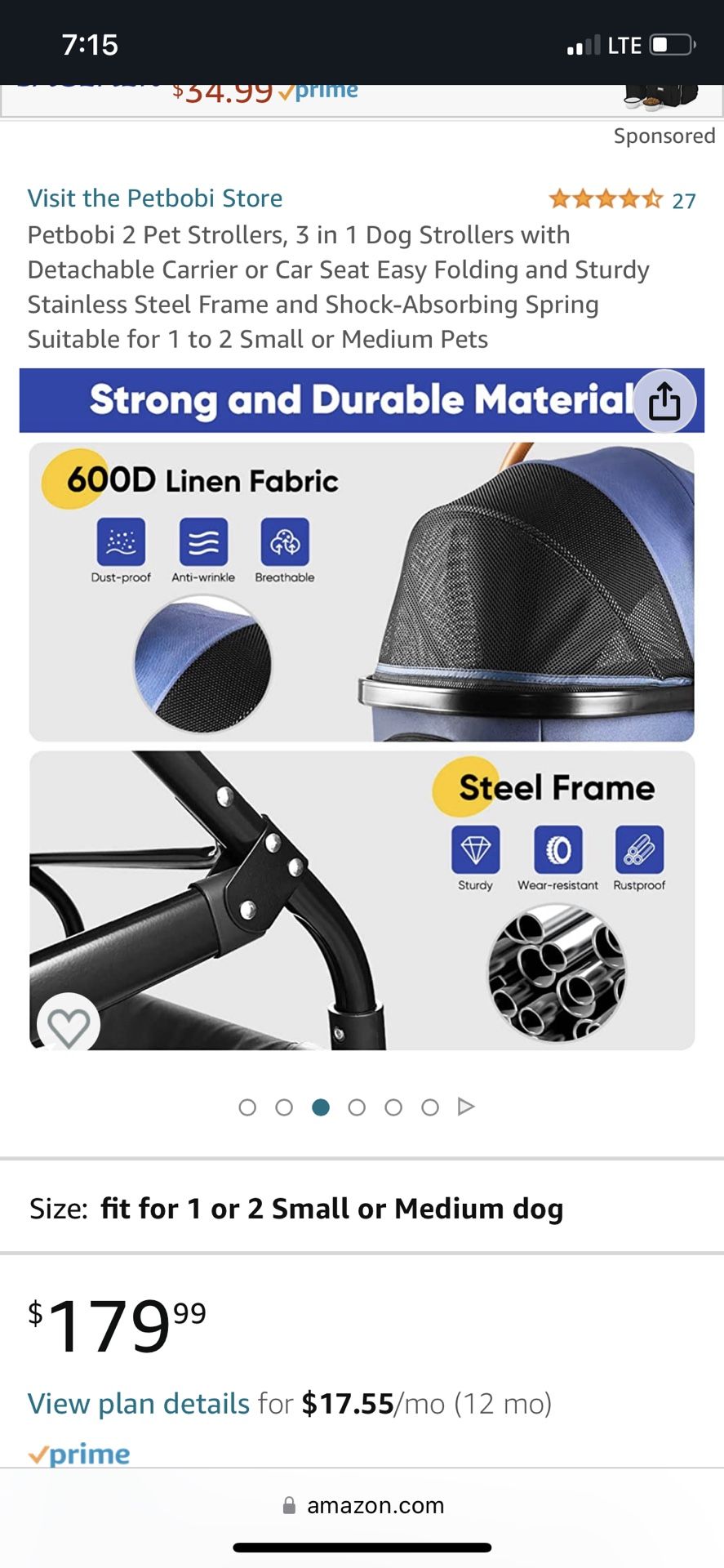 Petbobi 2 Pet Strollers, 3 in 1 Dog Strollers with Detachable Carrier or Car Seat Easy Folding and Sturdy Stainless Steel Frame and Shock-Absorbing Sp