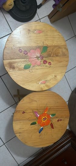 Round Wood Folding Tables with Floral Paint, Set of 2
