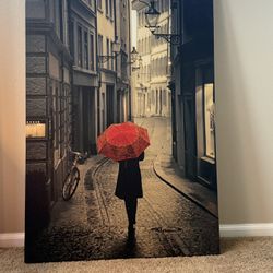 BEAUTIFUL CANVAS ARTWORK- "The Girl With The Red Umbrella " - Hanging Picture- Perfect Condition 