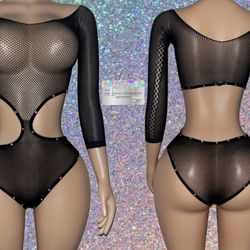 {EXOTIC DANCE/ CLUB/ RAVE WEAR: 1 PIECE BODYSUIT WITH RHINESTONES 