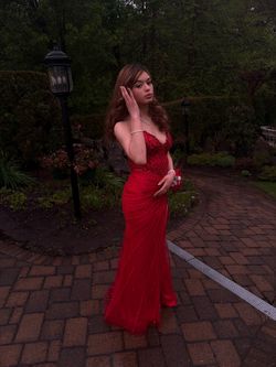 Luxury Red Beaded Red Corset Prom Dress / Evening Gown with Slit