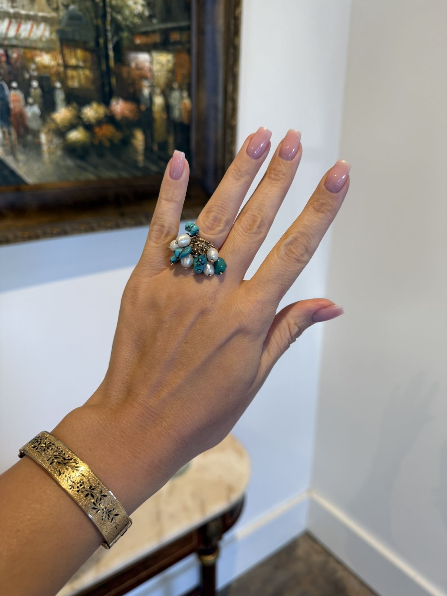 14K Yellow Gold Turquoise And Pearls “motion” Ring