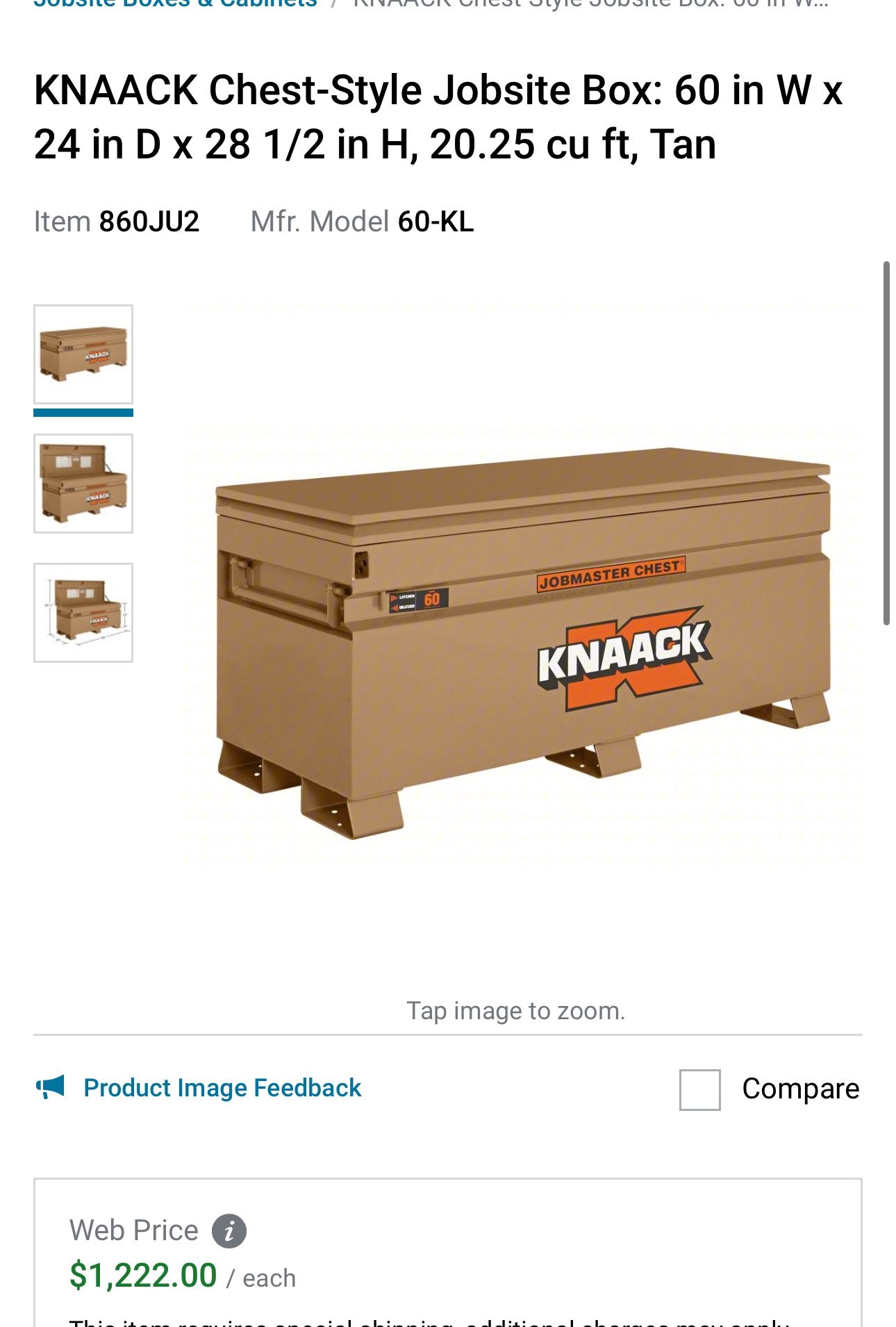 KNAACK Chest-Style Jobsite Box: 60 in W x 24 in D x 28 1/2 in H, 20.25 cu ft, Tan