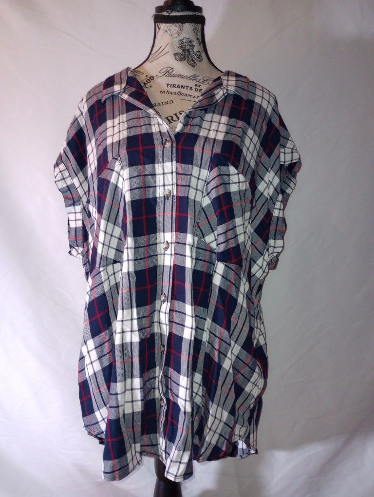 NWOT Womens JACHS Girlfriend Plaid Flannel Short Sleeve Button Up Top XXL