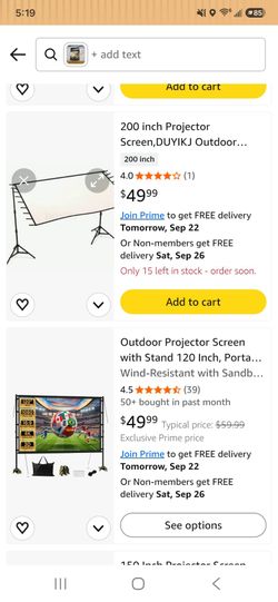 outdoor projector screen includes a stand and an instruction manual inside a cardboard box. This 120-inch screen