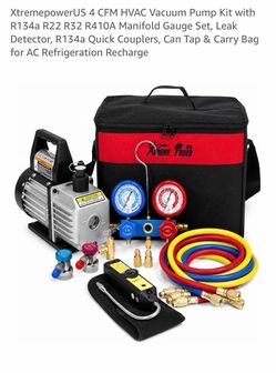 XtremepowerUS 4 CFM HVAC Vacuum Pump Kit with R134a R22 R32 R410A Manifold Gauge Set, Leak Detector, R134a Quick Couplers, Can Tap & Carry Bag for AC