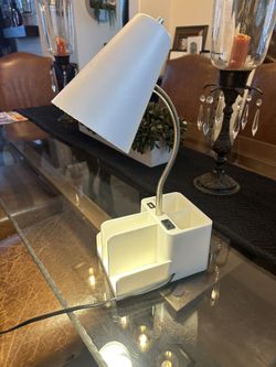 White Desk Lamp With Storage, USB and Outlet