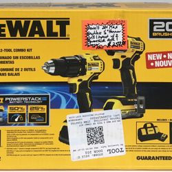 Dewalt 20V Max Brushless 1/2” Hammer Drill & Impact W/ 2 Powerstack Batt. & Charger New 