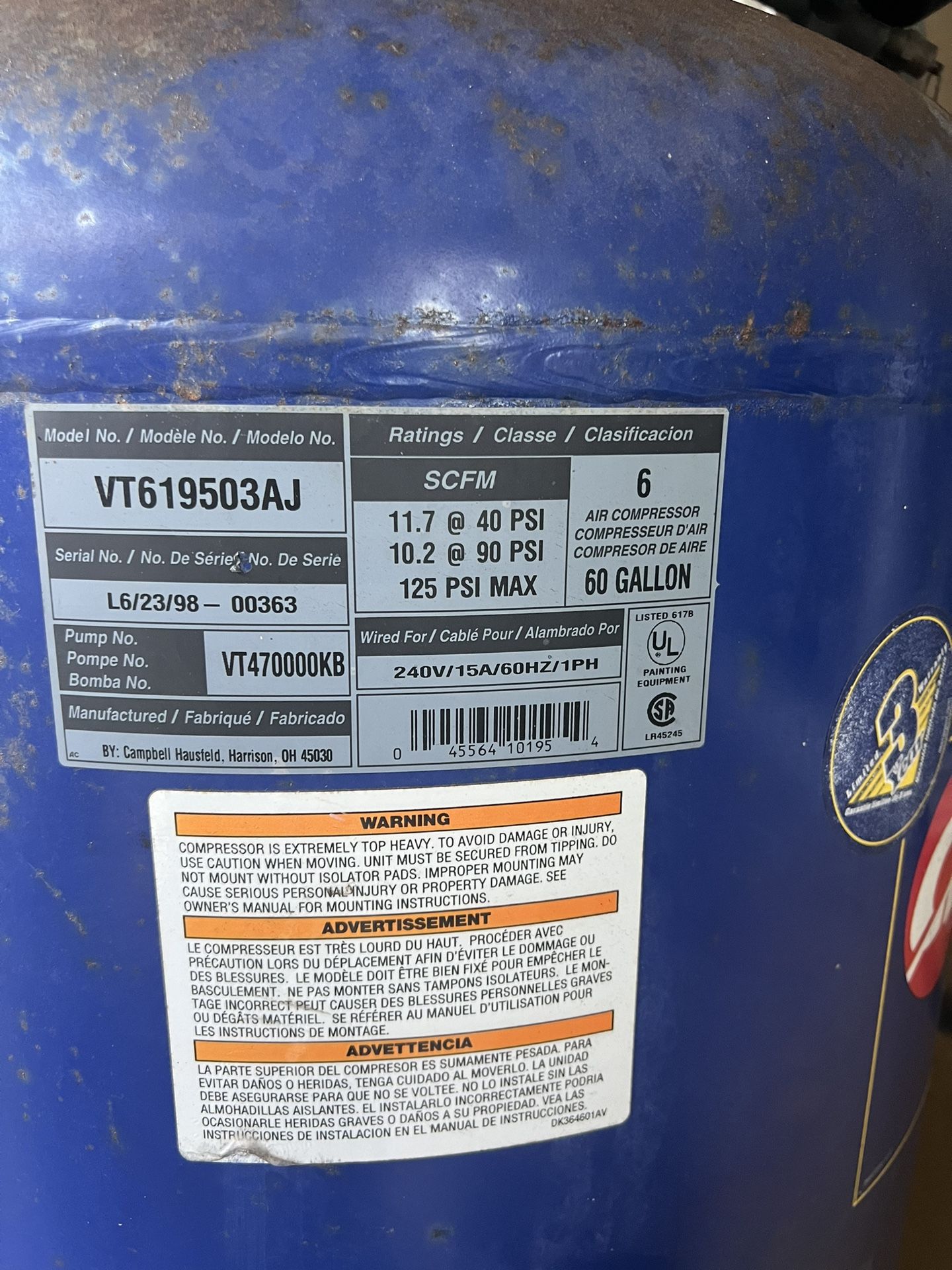 Air compressor 60 Gallons