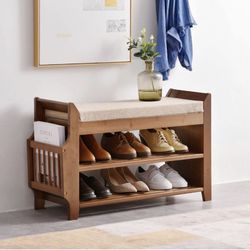 10 Bamboo Shoe Rack Bench, 2 Tier Shoe Organizer with Storage Basket Shoe Seat Bench with Soft Cushion Padded & Side Drawer for Hallway Entryway Livin
