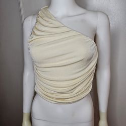 Womens Beige Size L Top  One Shoulder Cropped Halter Stretchy Ruched