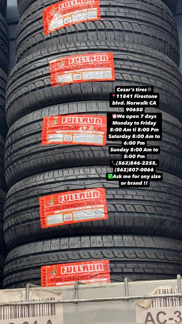 225/45R19 FULLRUN A SET OF FOUR NEW TIRES, INCLUDES MOUNTING AND BALANCING WITH WARRANTY, ASK ME FOR ANY SIZE OR BRAND, WE HAVE THE BEST PRICES!!