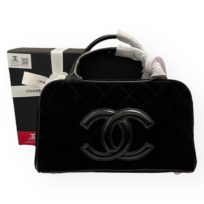CHANEL Quilted Black On Black Bowler Top Handle Beaute Bag