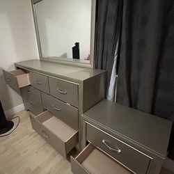 Silver full dresser with mirror, and night stand