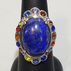 Size 8 Lapis Lazuli & Multi Color Austrian Crystal Halo Ring, 20 ctw set in Stainless Steel Ring