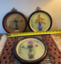TRIO DE CUADROS ANTIGUO DE MADERA Y CRITAL