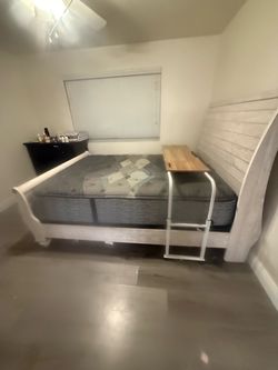 Queen Wood Bedroom Frame, Mattress, and over bed table