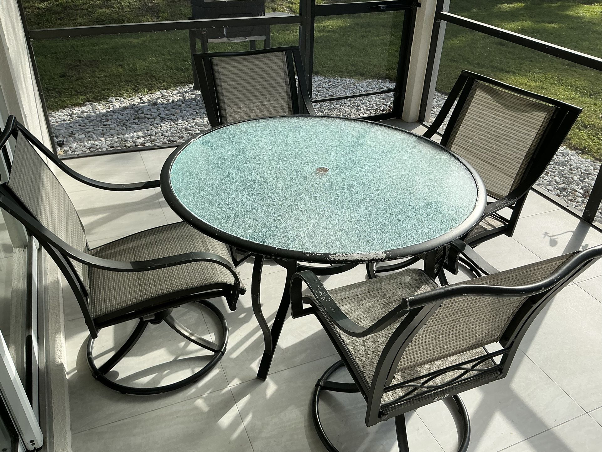 5-Piece Patio Dining Set - Glass Table & 4 Swivel Chairs - Great Condition