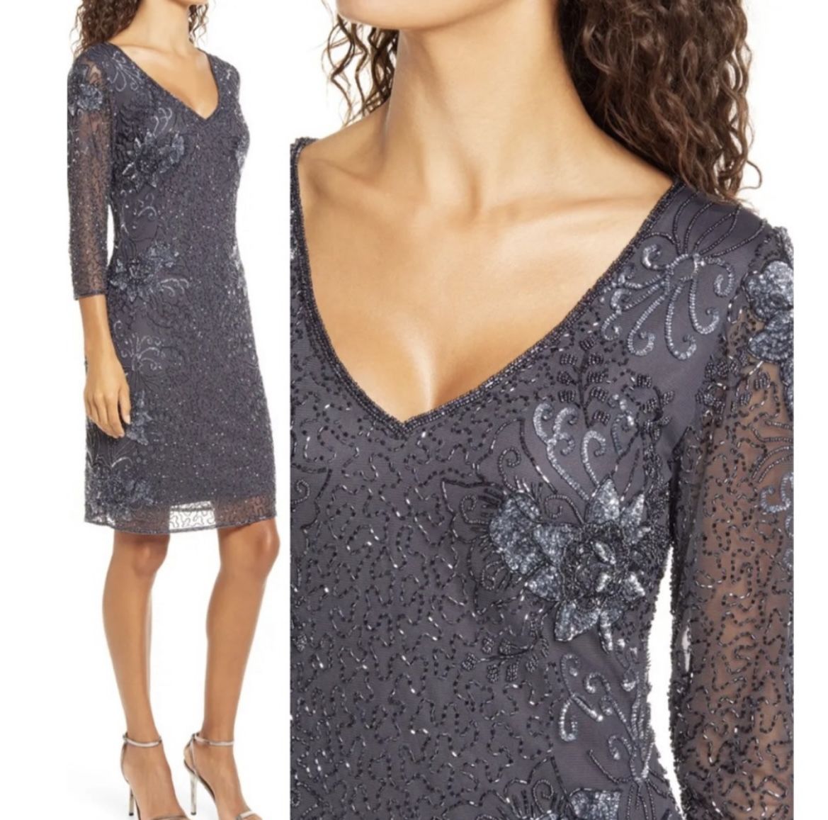 NWT Pisarro Nights beaded formal mesh sheath dress in navy blue women Size 6