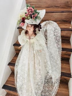 Cathay Collection 38”Victorian Porcelain Doll Lace Dress Floral Hat Large