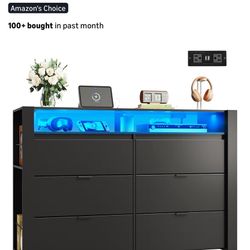 WLIVE 6 Drawer Led Dresser for Bedroom,  Black Wood Dresser Storage Organizer with Power Outlets 