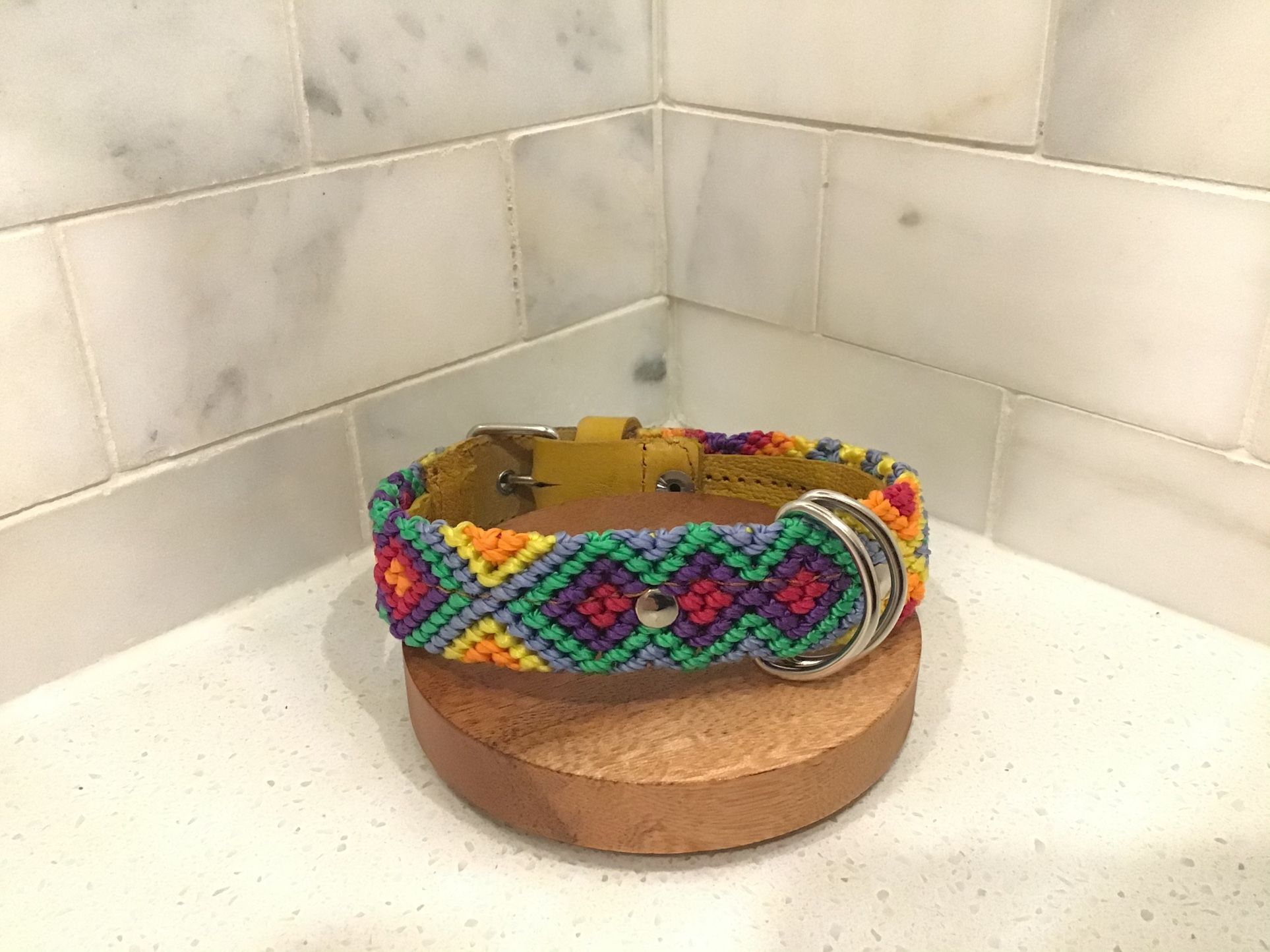 Handmade Dog Collar – 14” S – Yellow Leather & Multicolor Tribal Weave