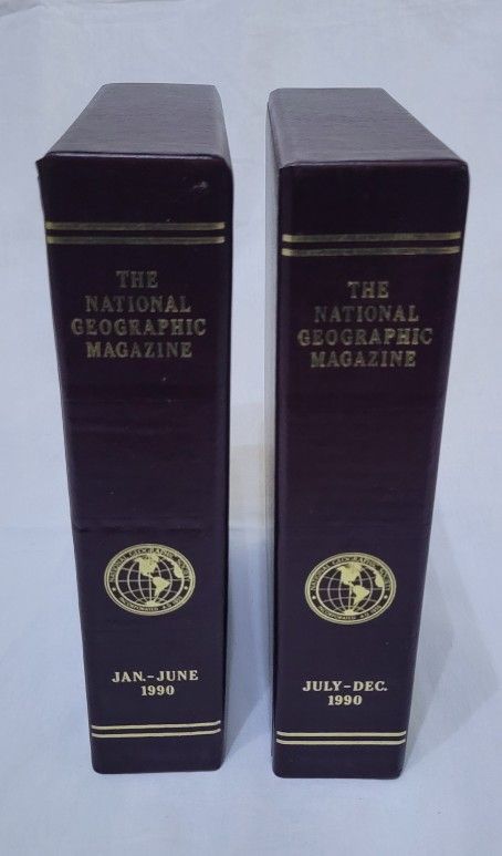 Vtg National Geographic Magazines 1990 Full Year Faux Leather Slip Cases &4 Maps